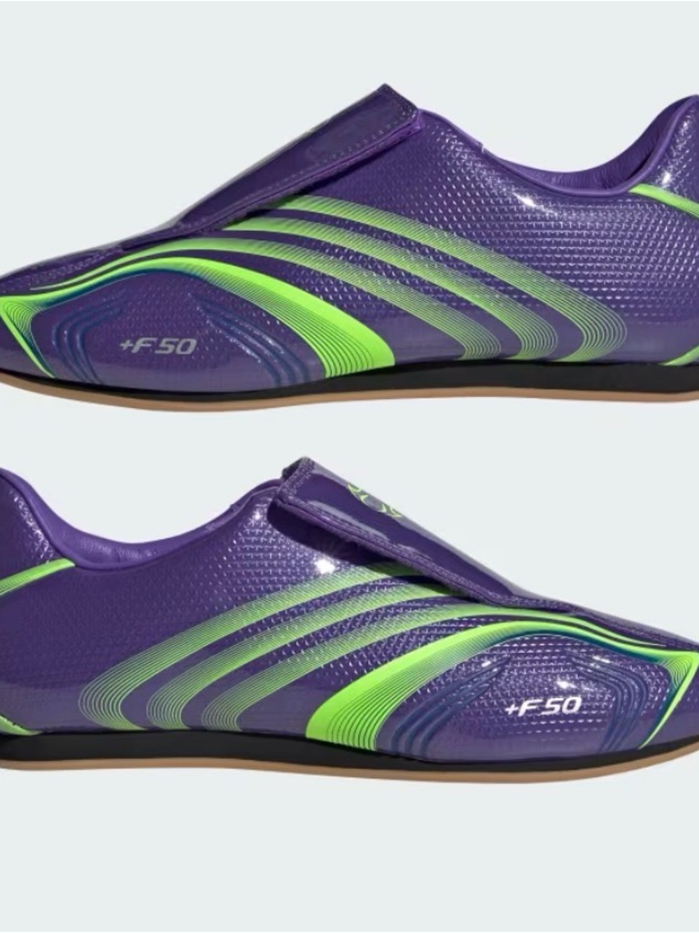 adidas Purple Indoor Soccer Shoes with Neon Green Stripes